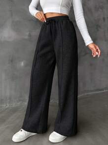EURMUSE Drawstring Waist Wide Leg Women's Sweatpants - Black - View 5