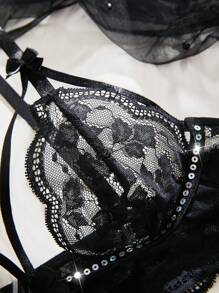 Conjunto De Lencería Sexy Con Encaje De Lentejuelas Y Transparencias