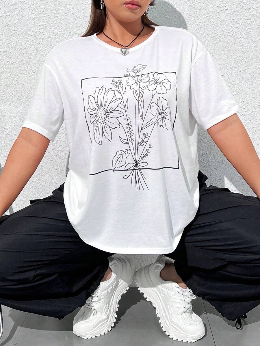 SHEIN EZwear 大尺碼花卉印花t恤 - 白色 - 查看 1