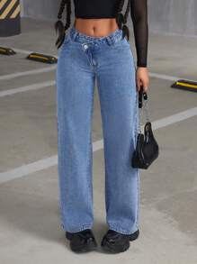 SHEIN ICON 純色不對稱直筒牛仔褲 - 中等水洗藍 - 查看 6