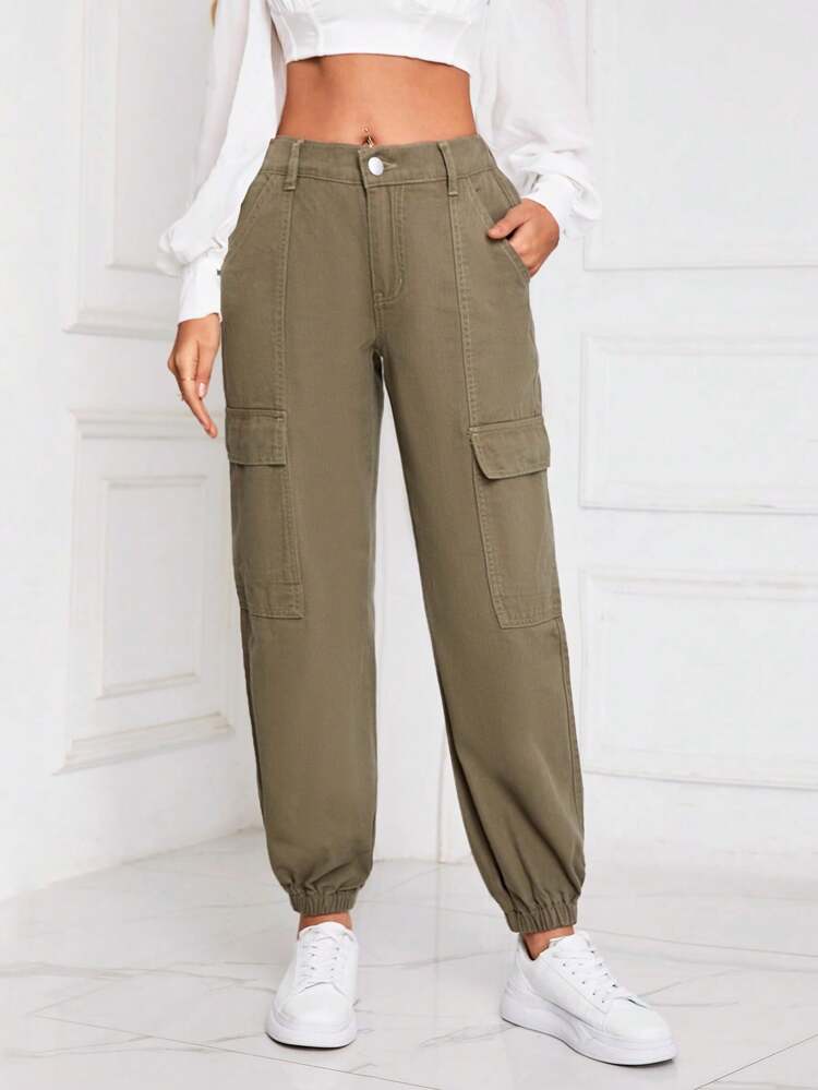Women'S Casual Denim Pants Outdoor Vacation Clothing, Green Denim Pants With Utility Pocket