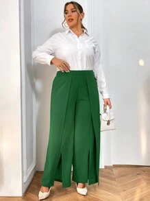 SHEIN Privé Pantalones De Talla Grande Para Mujer Con Raja En El Dobladillo - Verde - Ver 4