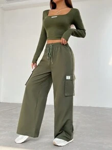 SHEIN EZwear Long Sleeve Crop Top & Cargo Pants Set - Army Green - View 6