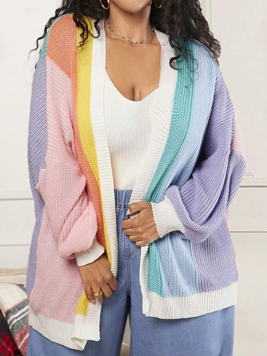 SHEIN CURVE+ 圣诞大码撞色落肩开衫 - 彩色 - 查看 1