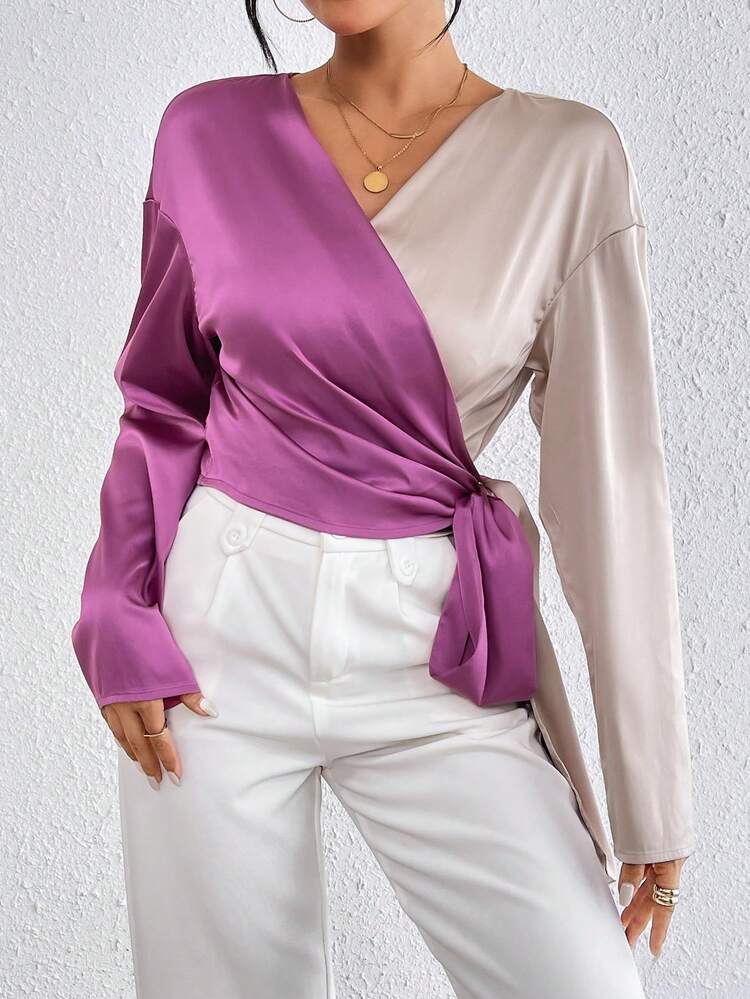 Women's Surplice Tie Waist Color Block Satin Long Sleeve Shirt