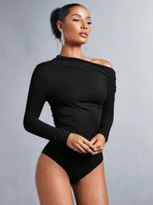 SHEIN BAE Damer Enfärgad Asymmetrisk Krage Kroppsuits - Svart - Visa 3