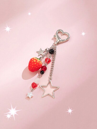 Kawaii 1 pezzo Portachiavi ciondolo con nappina, decorato con fragola, stella e cristallo, stile dolce e carino, per San Valentino