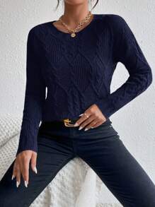 SHEIN Frenchy 女士圓領垂肩長袖毛衣套頭衫 - 藏蓝色 - 查看 5