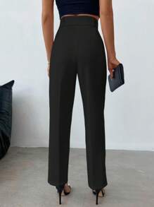 SHEIN Cottnline High Waist Fold Pleated Detail Pants - Black - View 2
