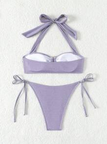SHEIN Swim Pleated Halter Neck Bikini Set Carnival Summer - Lilac Purple - View 3