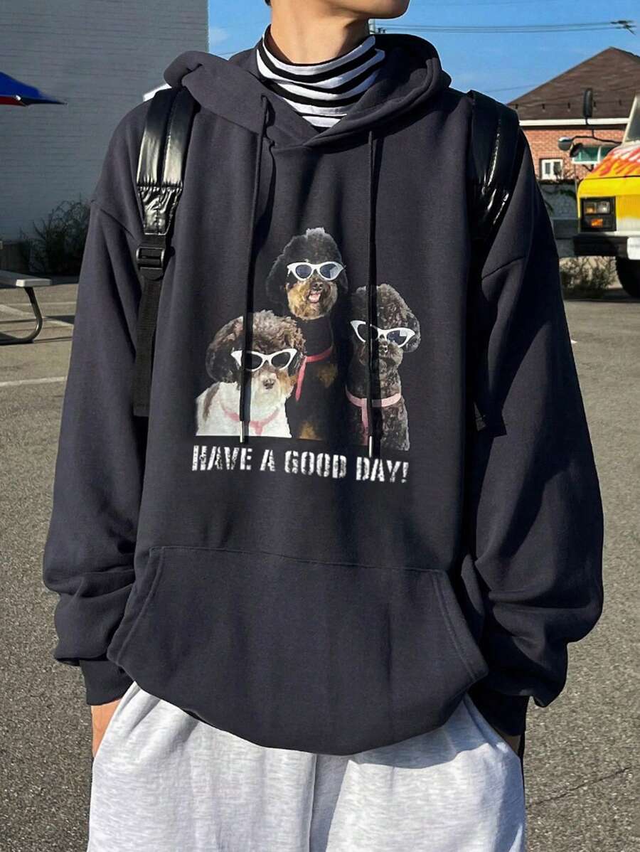 DAZY American High Street Style Dog Print Men'S Drawstring Hoodie,Fall Clothes - Black - View 1