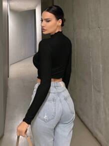 SHEIN Essnce 女純色立領短t卹 - 黑色 - 查看 2