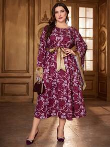 Al Najma Burgundy Red Plus Size Tassel Decorated Round Neck Dress - Burgundy - View 5