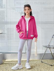 SHEIN Áo nỉ tay raglan dáng rộng in hình trái tim dành cho bé gái tuổi teen, có lớp lót giữ nhiệt, thích hợp mặc thường ngày. - Màu Hồng Tươi - Xem 3