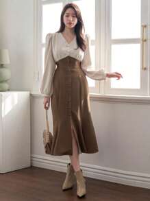 DAZY Color Block & Lantern Sleeve Elegant Dress,Fall Clothes - Brown - View 1