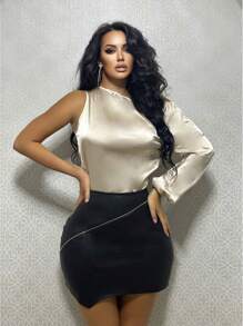 Zolique Asymmetric Neckline Single Sleeve Satin Blouse Fall Cloth For Women - White - View 3