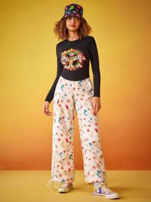 ANIMANIACS X SHEIN 女士卡通印花短袖上衣 - 黑色 - 查看 4