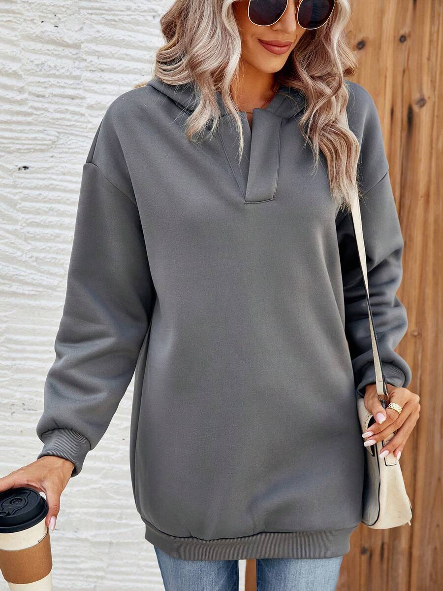 SHEIN Essnce 純色連帽落肩袖休閒運動衫 - 深灰色 - 查看 1