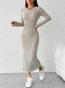 SHEIN PETITE 純色長袖裙 - 卡其色 - 查看 6