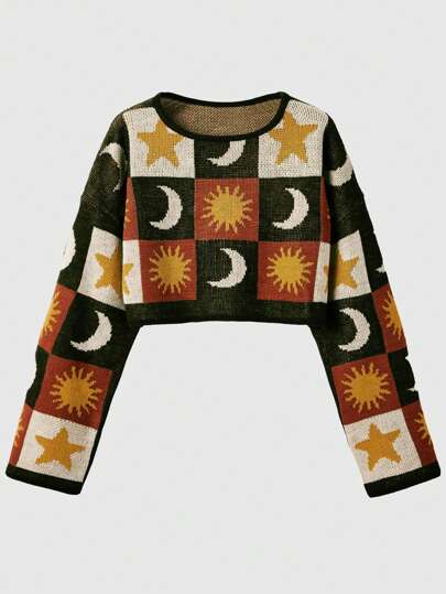 Hippie Pull rond à motif soleil et lune, pour femmes grandes tailles, hiver