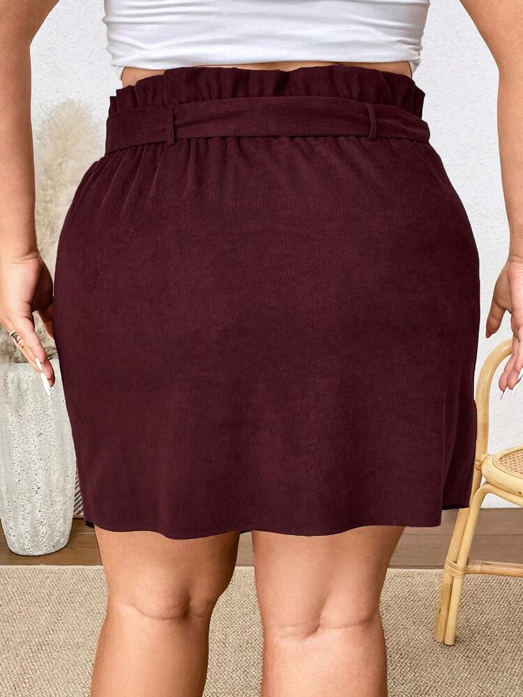 Plus Size Solid Paper Bag Waist Skirt With False Pockets
