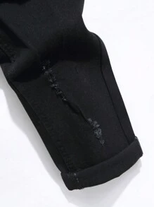 Manfinity LEGND Men's Jeans With Letter Print Design Slim Fit Long Ripped Frayed Jean Cargo Plain Black Going Out Fashion Rapper - Black - View 6