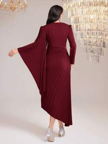 Modelyn 勃艮第红色女士不对称领口荷叶边细节长款晚礼服 - 酒紅色 - 查看 2