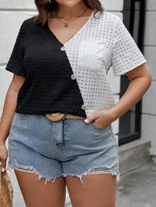 SHEIN LUNE Plus Size Women'S Color-Block Short Sleeve Shirt - Black and White - View 3