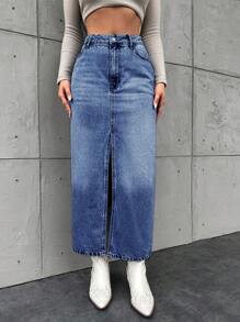 EURMUSE Hoher Schlitz & Ausgefranster Saum Jeans Kurzrock (gürtel Nicht Enthalten), Gewaschen