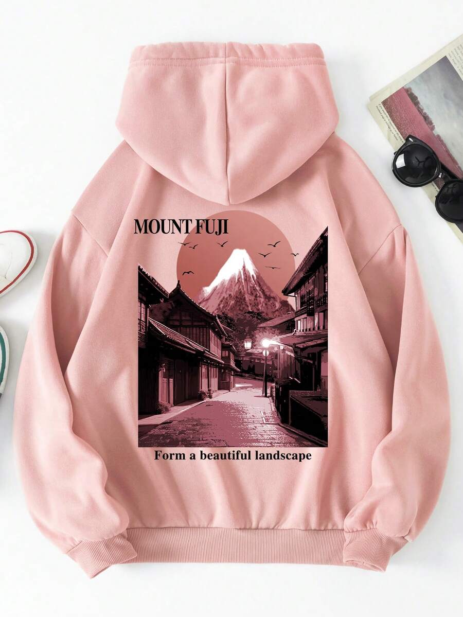 SHEIN EZwear Phong cảnh In thư Dây rút áo có mũ Lông cừu Áo nỉ - Màu Hồng baby - Xem 1