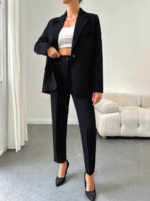 EURMUSE Fake Pocket Single Breasted Suit - Navy Blue - View 4