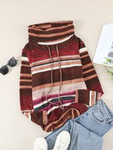 Women's Striped Hooded Sweatshirt Long Sleeved Casual Pullover Hoodie Multi-Colored Striped Pocket Top - Burgundy - View 6