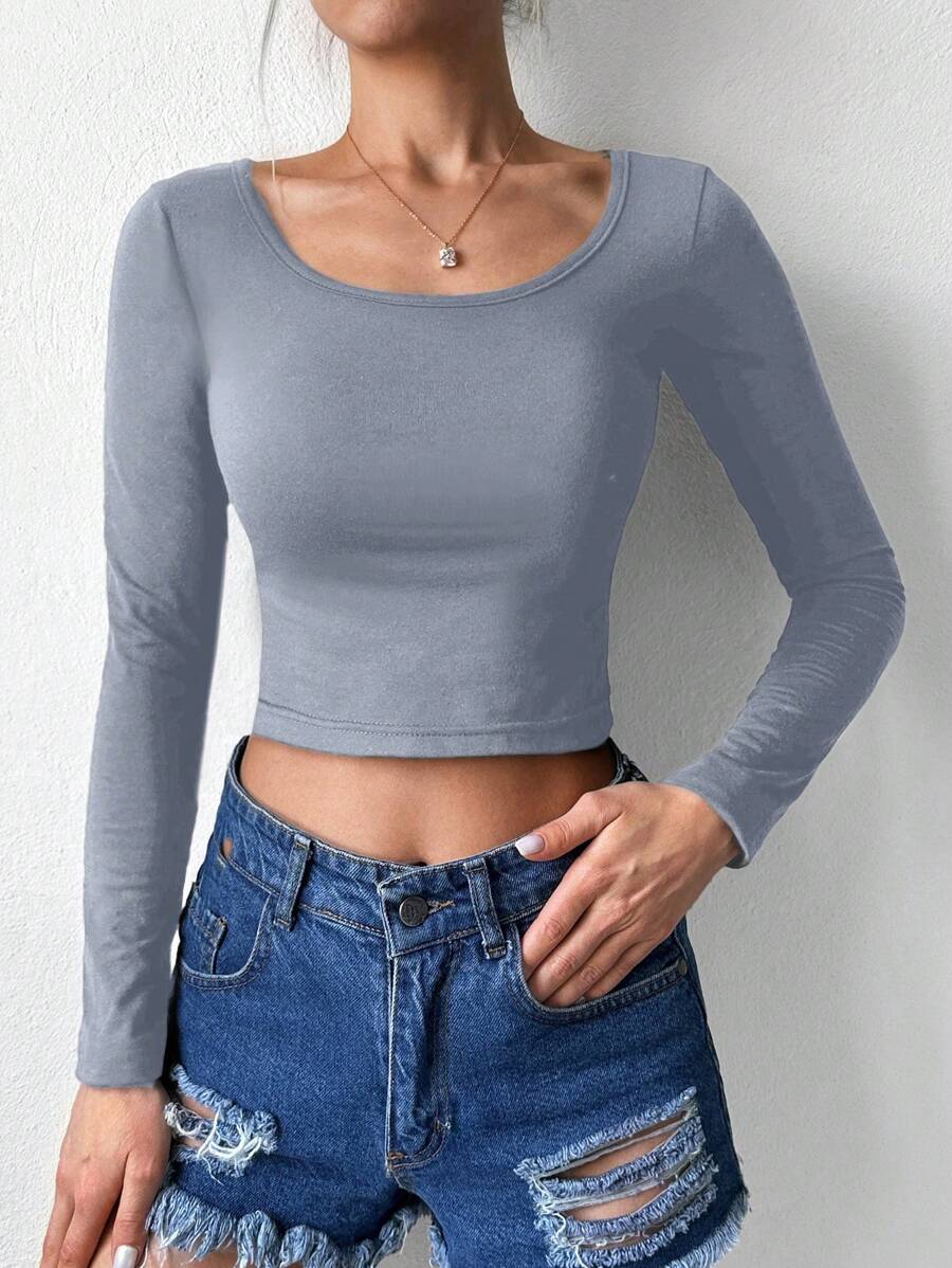 Solid Scoop Neck Crop Tee - Grey - View 1