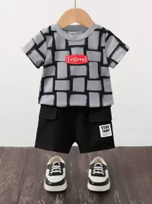 Baby Boys' Fashionable Black Summer Street Life Casual Graphic Street Fashion,Beach Round Neck Printed T-Shirt,Letter Patch Workwear Pocket Shorts - Grey - View 1