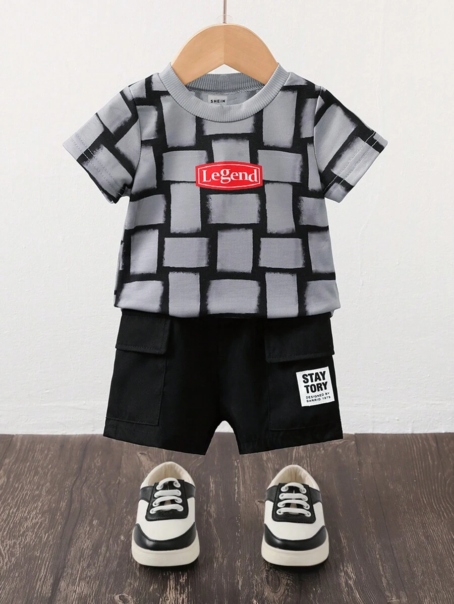 Baby Boys' Fashionable Black Summer Street Life Casual Graphic Street Fashion,Beach Round Neck Printed T-Shirt,Letter Patch Workwear Pocket Shorts - Grey - View 1