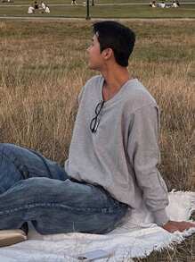 DAZY Men'S V-Neck Long Sleeve Sweatshirt,Fall Clothes - Light Grey - View 4