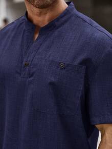 SHEIN Manfinity Homme Nam Kích thước lớn Cổ áo có khía Nút-Mặt trước Áo sơ mi Với Thiết kế Và Ngực Túi - Màu xanh hải quân - Xem 5