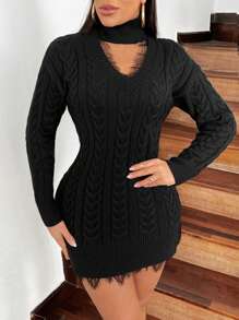 Zolique Women'S Solid Color Stand Collar Hollow Out Knitted Dress Fall Cloth For Women - Black - View 1