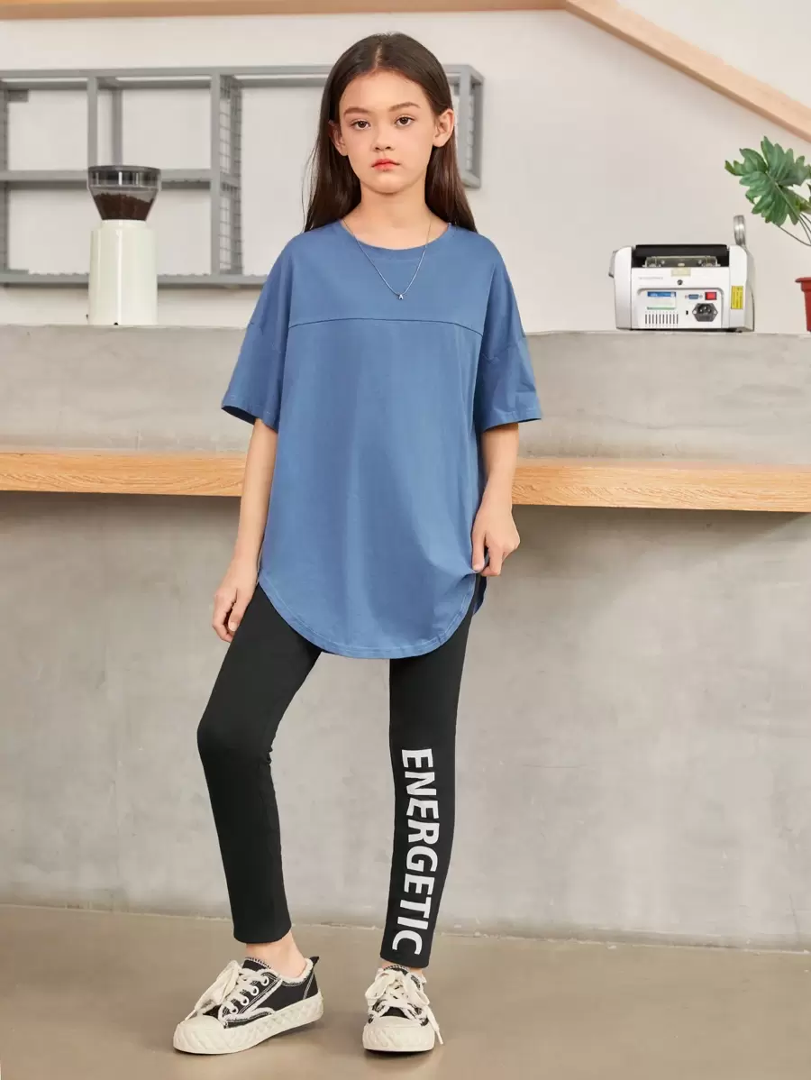 SHEIN 青少年女孩鬆身休閒圓領落肩上衣和褲子套裝,卡通印花設計 - 彩色 - 查看 1