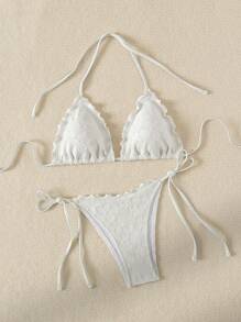 Swim Mod Frilled Edged Flower Pressed Triangle Cup Knotted Side Bikini Set Wedding Summer
