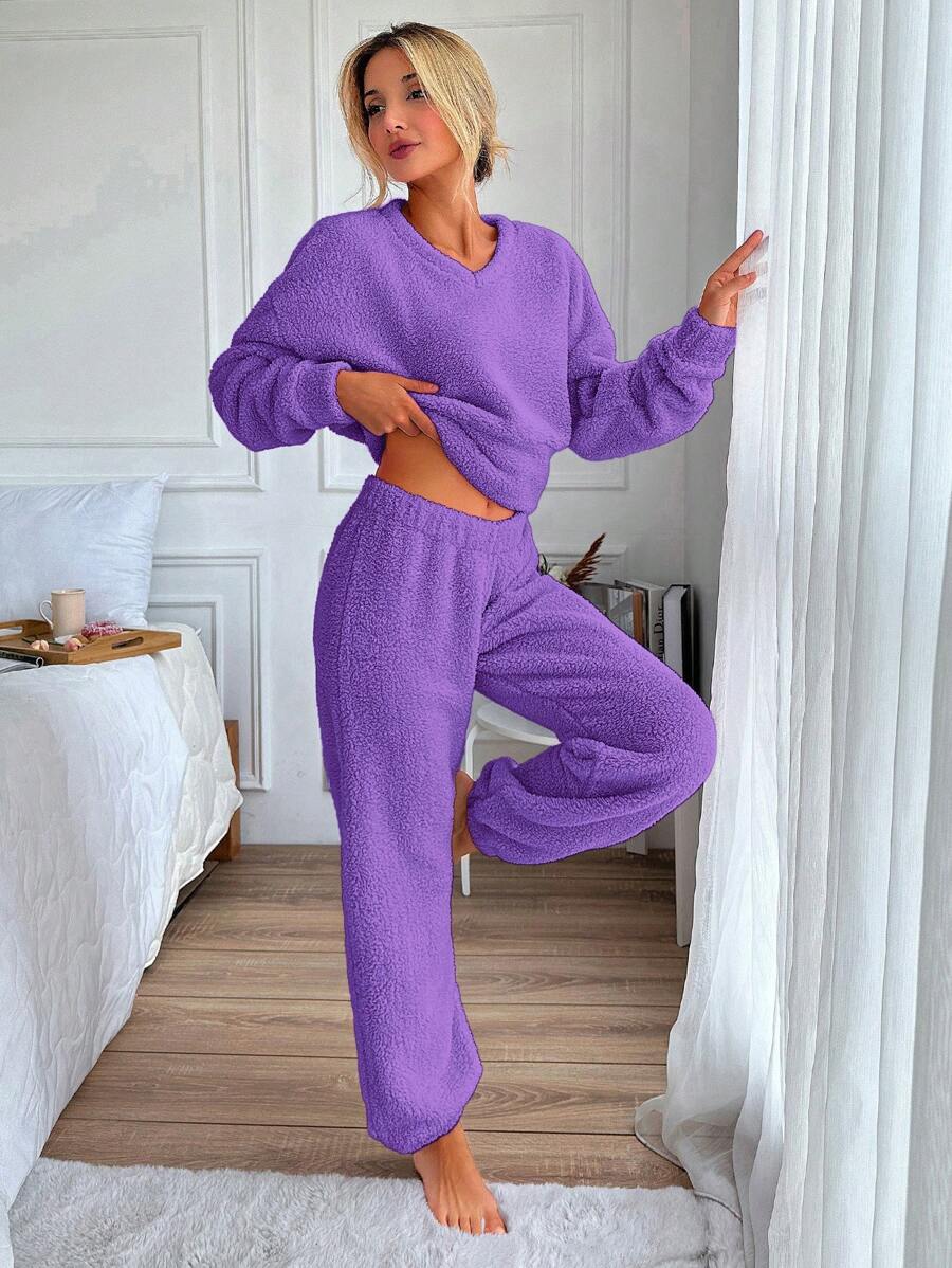 SHEIN Cottnline Pullover teddy de hombros caídos con pantalones - Morado - Ver 1