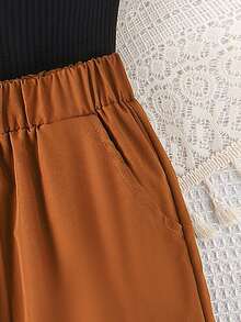 SHEIN 女童上衣和工装口袋运动裤两件套 - 卡其色 - 查看 3