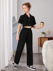 青少女單排釦短袖上衣和長褲套裝 - 黑色 - 查看 5