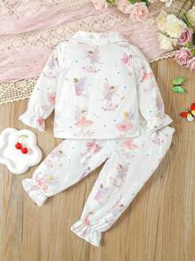SHEIN Vintaside Kids 女嬰可愛花卉印花荷葉邊袖上衣和短褲套裝 - 白色 - 查看 2