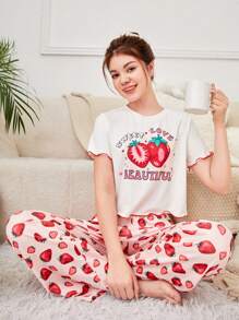 SHEIN Teen Girl Knitted Strawberry Patterned Tee And Pants Set With Wave Hem For Home Wear - Pink - View 1