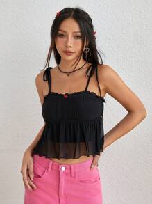 SHEIN EZwear Áo ba lỗ lưới trang trí hoa cho nữ - màu đen - Xem 4