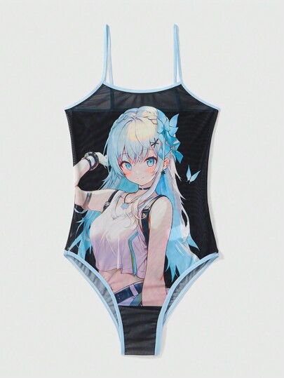 Anime Robe Sexy À Bretelles Spaghetti En Filet À Motif De Dessin Animé