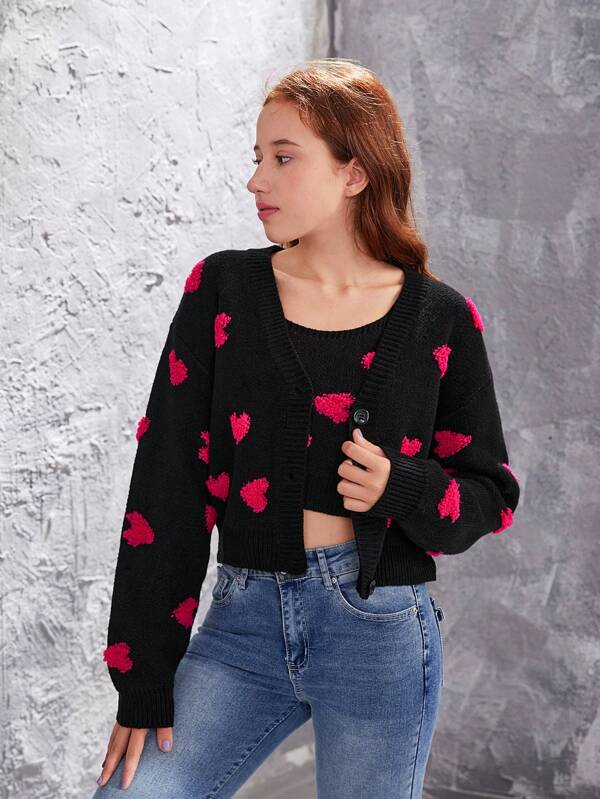 Teenage Girls' Heart Pattern Sweater Cardigan And Sweater Vest 2pcs/Set