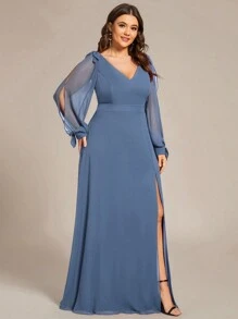 加大优雅灯笼袖大腿开叉蝴蝶结开衩晚礼服灰蓝色伴娘礼服婚礼秋季婚礼宾客礼服 - 霧霾藍 - 查看 5