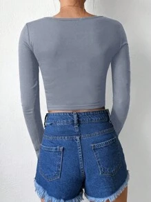 Solid Scoop Neck Crop Tee - Grey - View 2